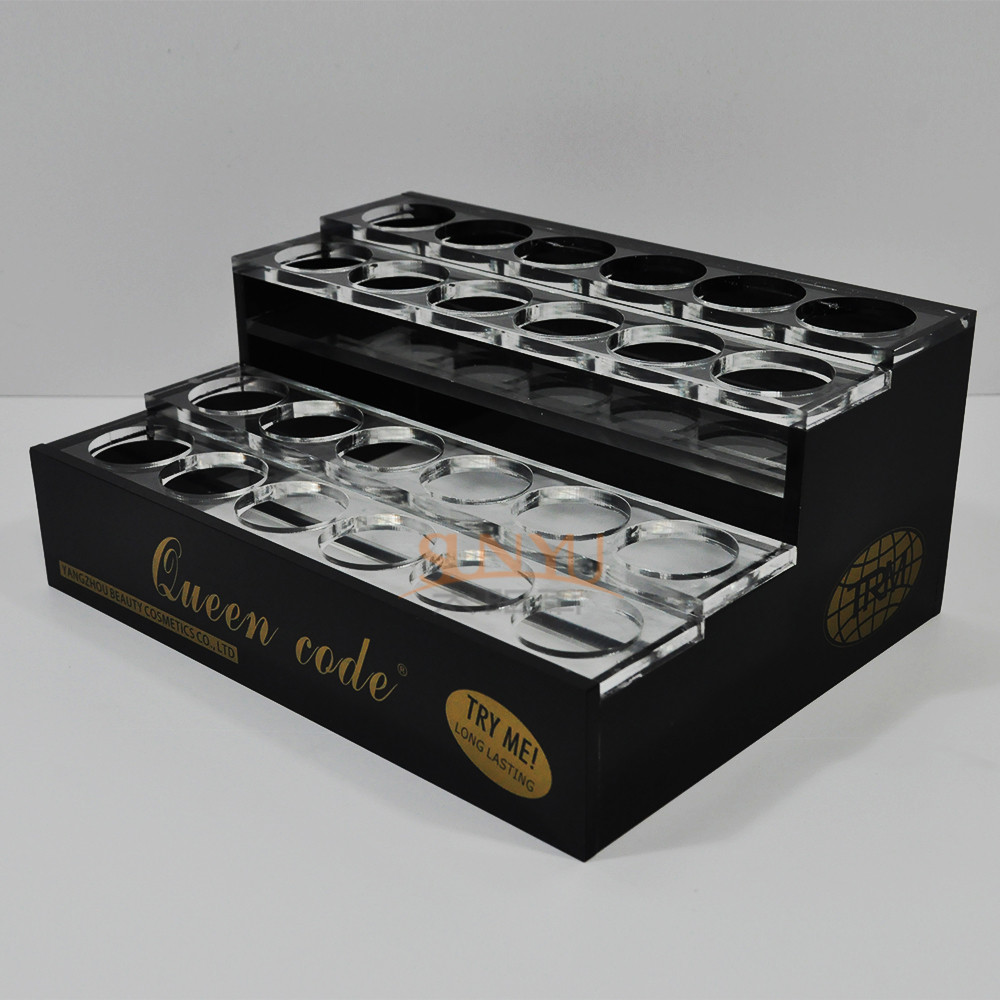 Buy cheap 2 Tiers Black Acrylic Nail Polish Display Rack Custom Golden Logo Printing product