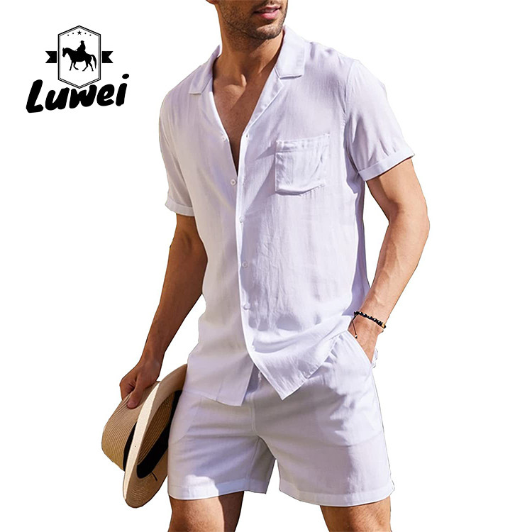 Summer Men Shorts Set Plain Flax Cotton Breathable Solid Color Two Piece Suit