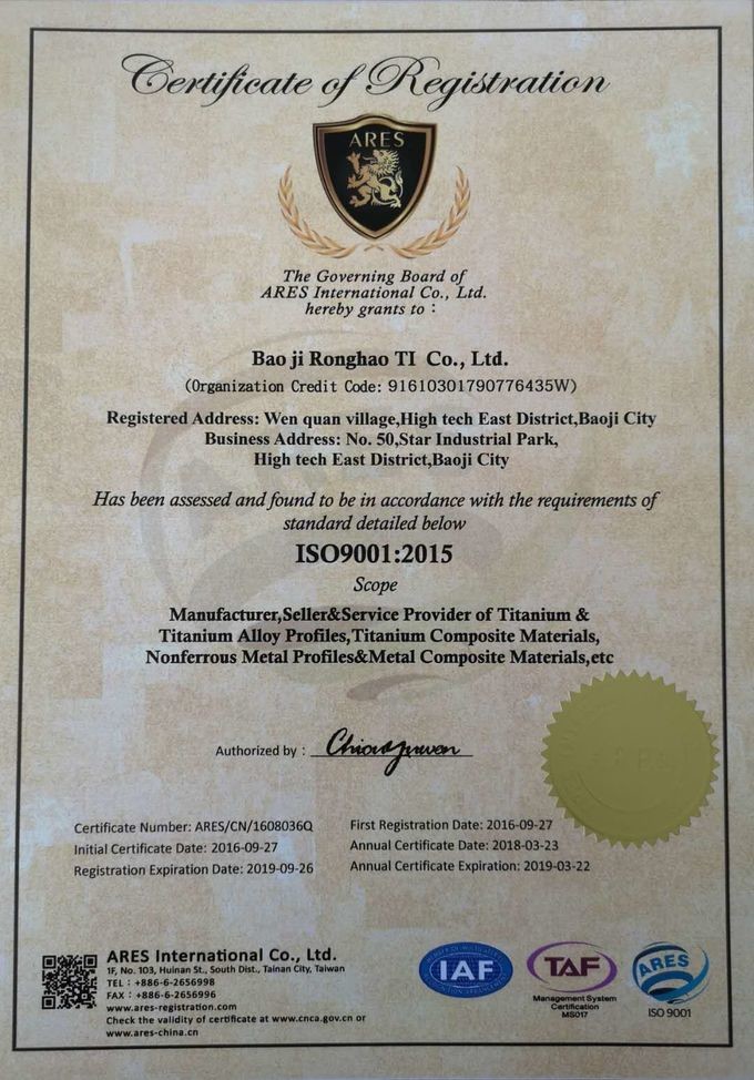 Baoji Ronghao Ti Co., Ltd Certifications