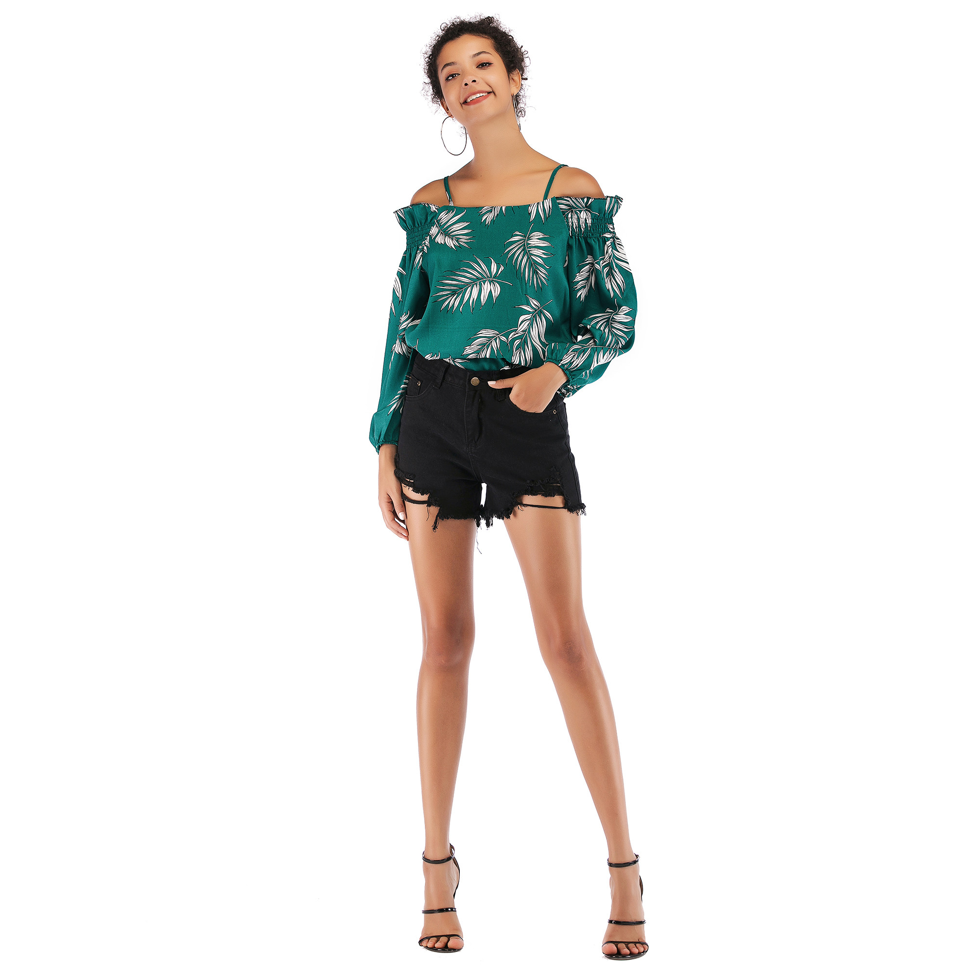 Buy cheap Fashionable leaf print chiffon shirt with shoulder strap product