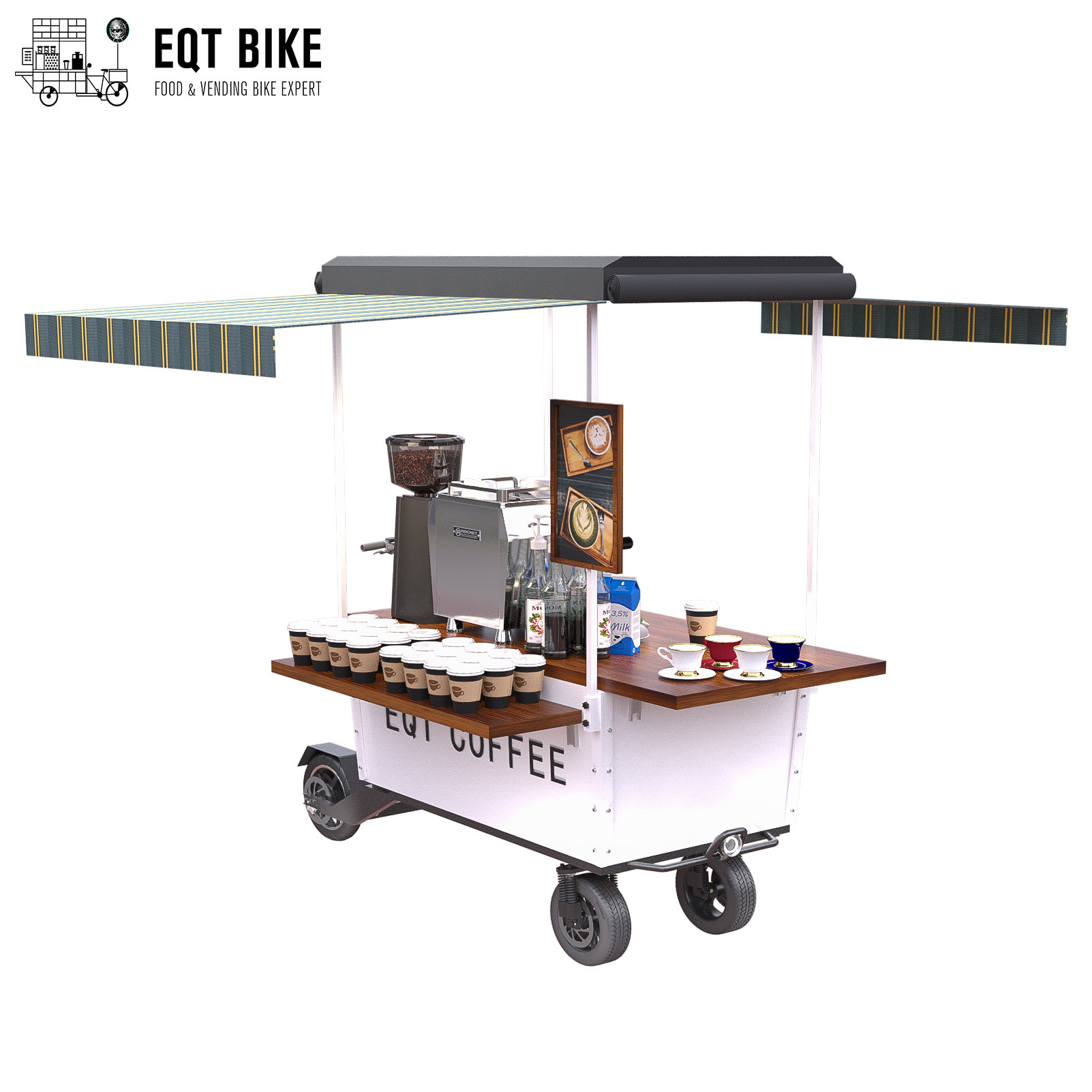 4 Wheels Vending Outdoor Coffee Cart Powder Coating Mobile Coffee Bike