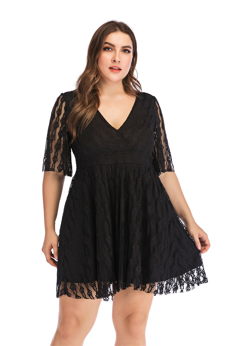 Buy cheap New summer plus-size sexy v-neck five-point sleeve black cut-out lace skirt product