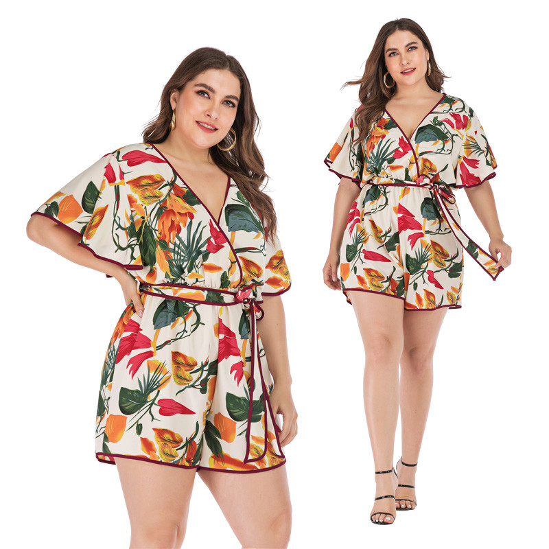Buy cheap New summer sexy v-neck waist print jumpsuit shorts product