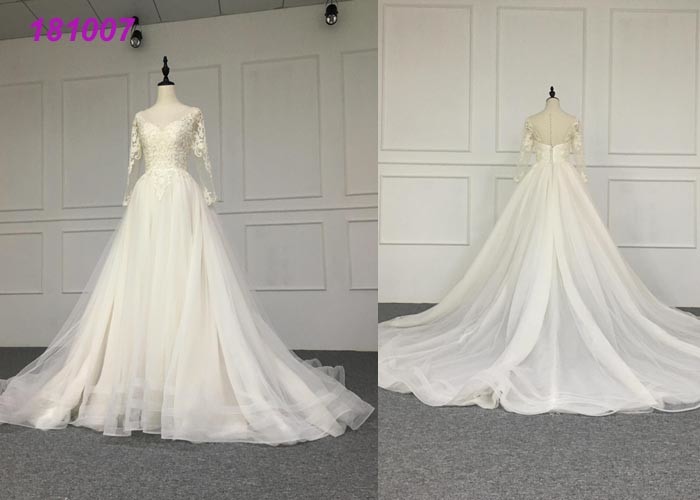 Crystal A Line Ball Gown Wedding Dress / Tulle Long Sleeve Ball Gown Wedding Dress