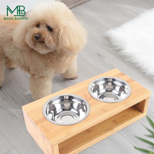 Bamboo Pet Feeder With Double Position Steel Bowls Rectangle