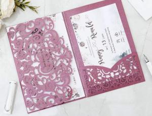 China Pink Art Paper Laser Cut Wedding Cards With Ribbon For Wedding Party on sale