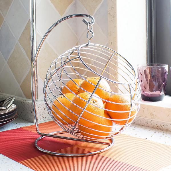 Round Wire Mesh Fruit Basket , Decorative Swayed Fruit Bowl With Hook