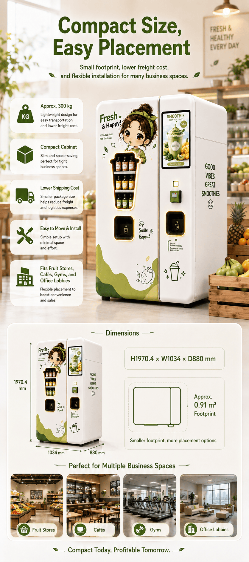 Small Fresh Smoothie Vending Machine with Automatic Blender, Smart Payment System, 21.5-Inch Touchscreen, Self-Cleaning Function for Healthy Beverage