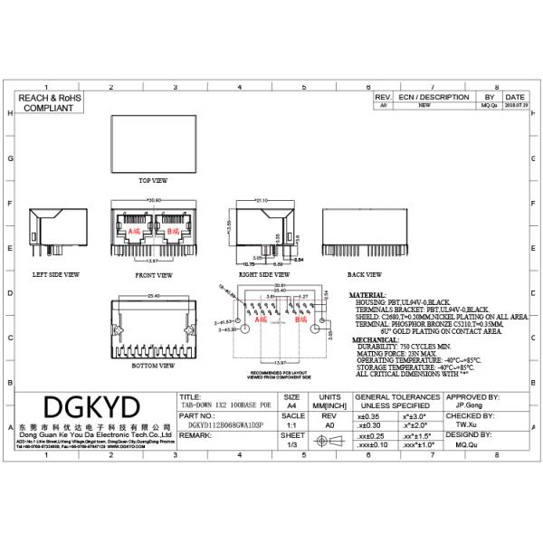 100M 1x2 Tab Down RJ45 Modular Jack PCB Connector with POE