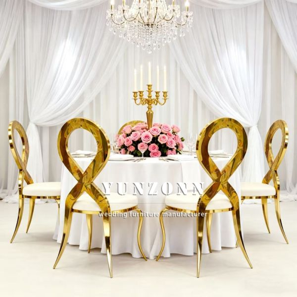 Modern Stackable Event Party Chrome Legs White Chairs for Dining Table Gold Color with Cushion