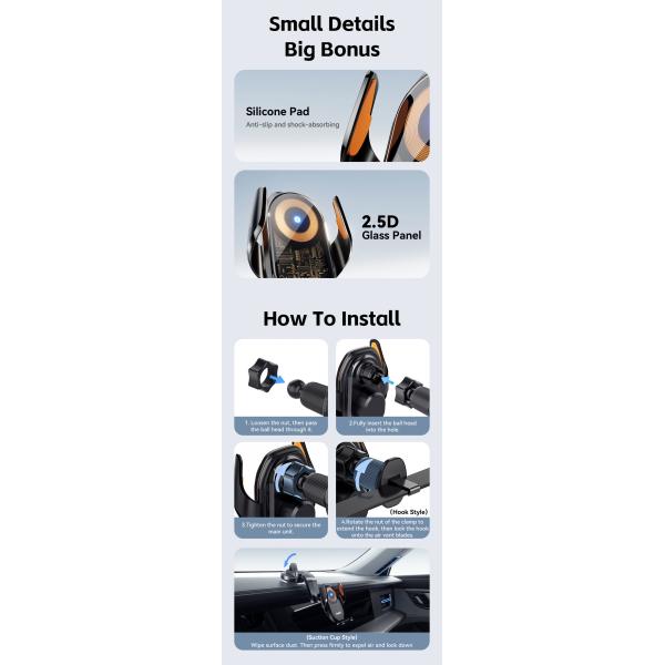 15W Wireless Charger Car Phone Holder For Universal 360 Air Vent Compatible Device Size Support Wireless Charging