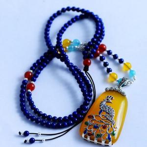 Buy cheap 925 Silver Enamel Yellow Chalcedony Pendant Lapis Lazuli Beads Strand Necklace (XH057272) product