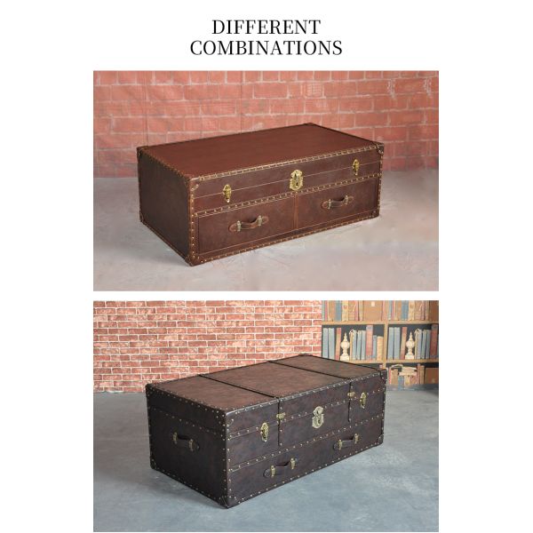 Nidea #8623 American-Style Retro Box-Shaped Handmade Leather Trunk Table for Living Room Home Bars Hotels Lounges