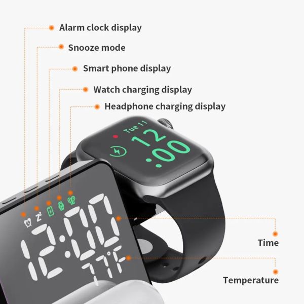 Multifunction3 In 1 Fast Wireless Phone Charger Stand Alarm Clock RGB Night Light Desk Lamp