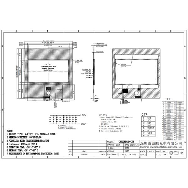 1000 Cd/m2 Luminance LCD Display Module 7 Inch 1024*600 Pixels For Transportation Control Systems