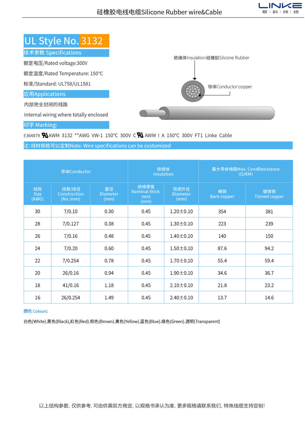 UL3132 High Temperature Resistance Copper Core Silicone Rubber Insulated Round Wire Cable