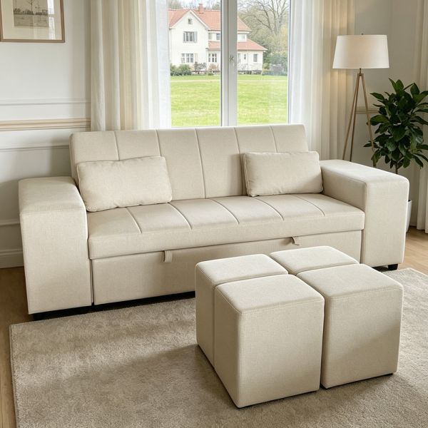 Queen Size Convertible Sleeper Sofa Bed, Comfortable Pull-Out Bed with Adjustable Backrest, Arm with Ottomans, Beige Tech Leather