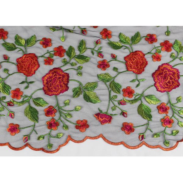 Bridal 3D Floral Embroidered Mesh Fabric , Red Flower Bridal Embroidered Net Fabric