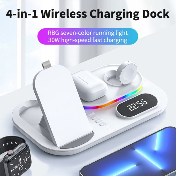 Foldable RGB Alarm Clock Wireless Charger Stand 4-in-1 Magnetic Charging Station LED Light Fast Wireless Charging Dock