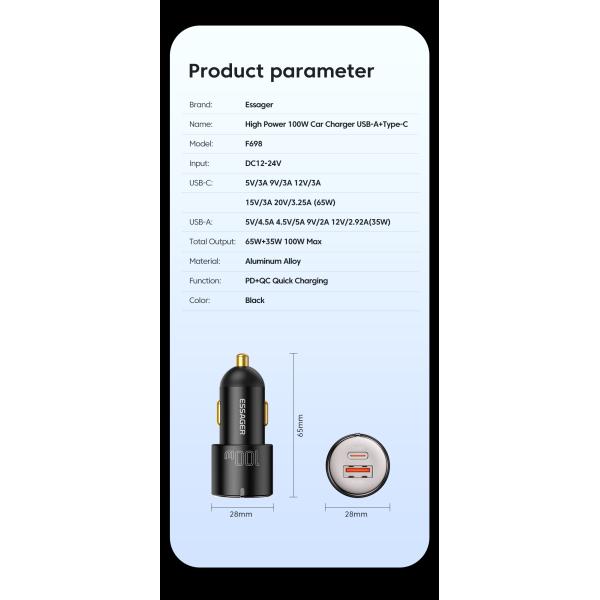 PD3.0 QC3.0 USB A Type C Dual Port Car Charger 100W 65W 35W