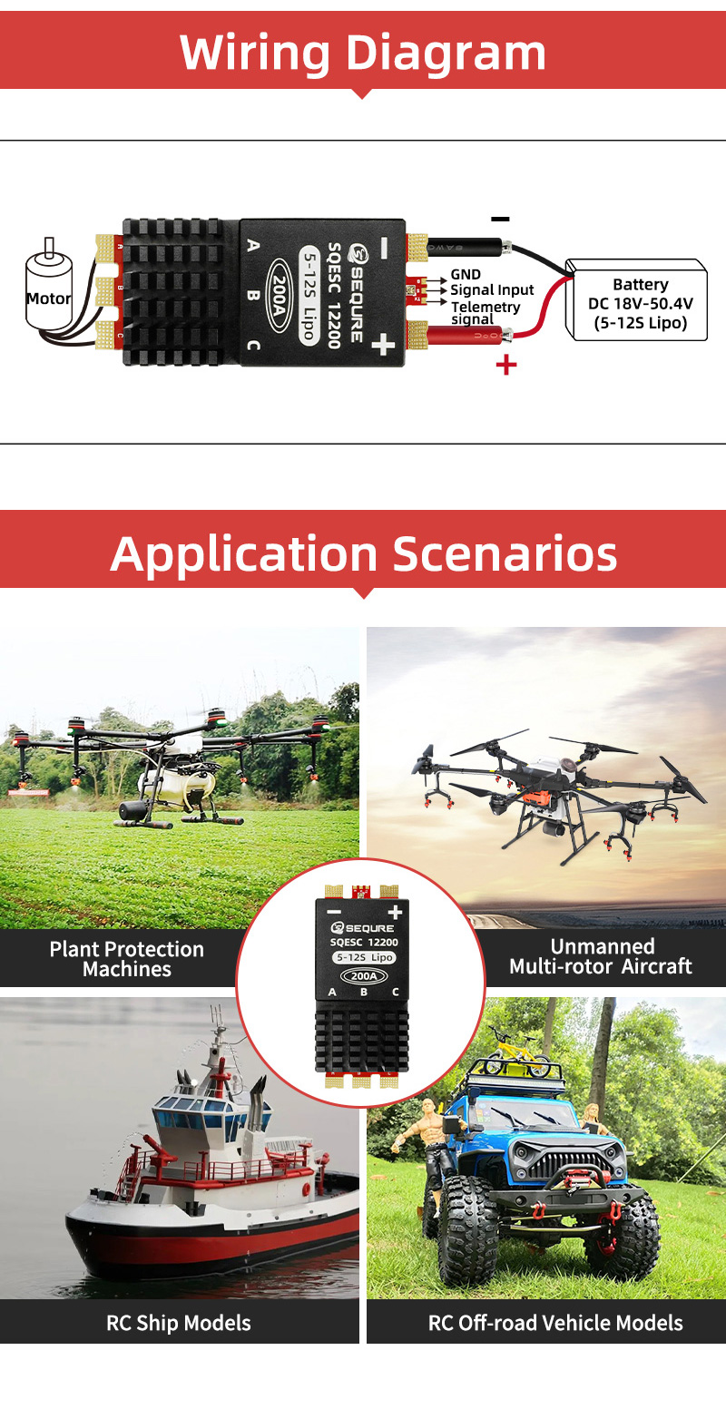 SEQURE 12200 Brushless Speed Controller 5-12S 200A BLHeli_32 | AM For Multi-rotor Aircrafts Airplane Boat RC Car