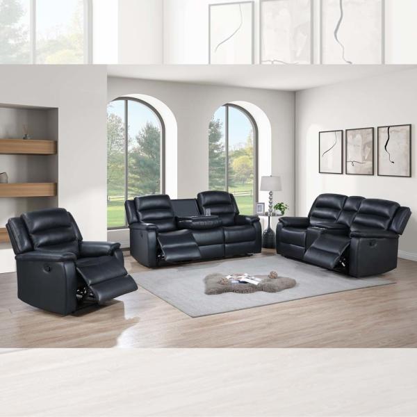 Recliner Sofa set with Dropdown Table and Storage Box, Black Breathable Leatherette