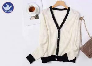 Buy cheap V Neck Ladies 100% Wool Sweater Contrast Color Rib Knitting Winter Elegant Cardigan product