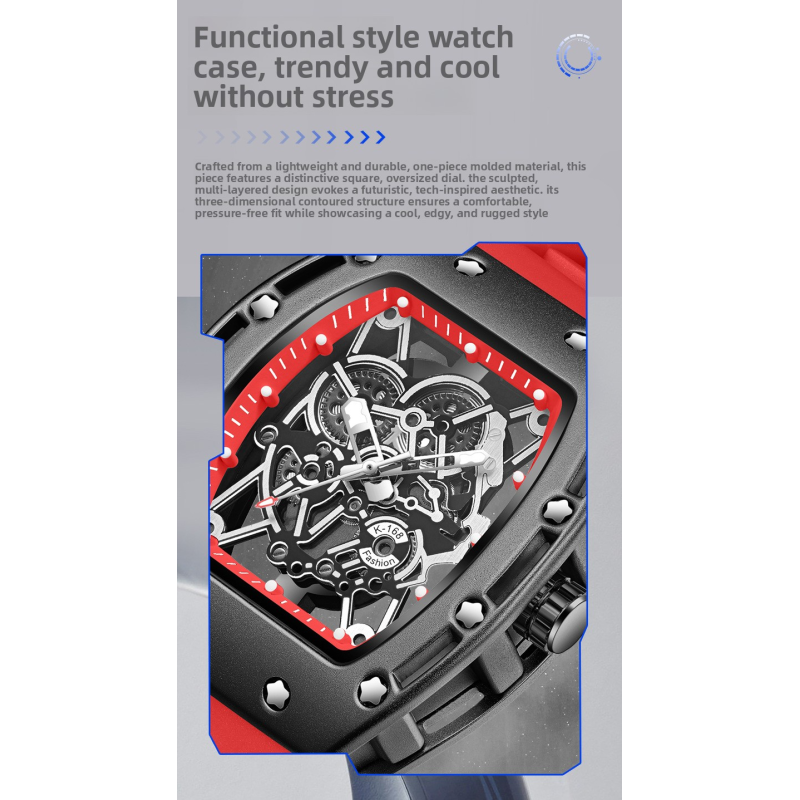 Luminous waterproof skeletonized quartz watch, barrel-shaped men's watch
