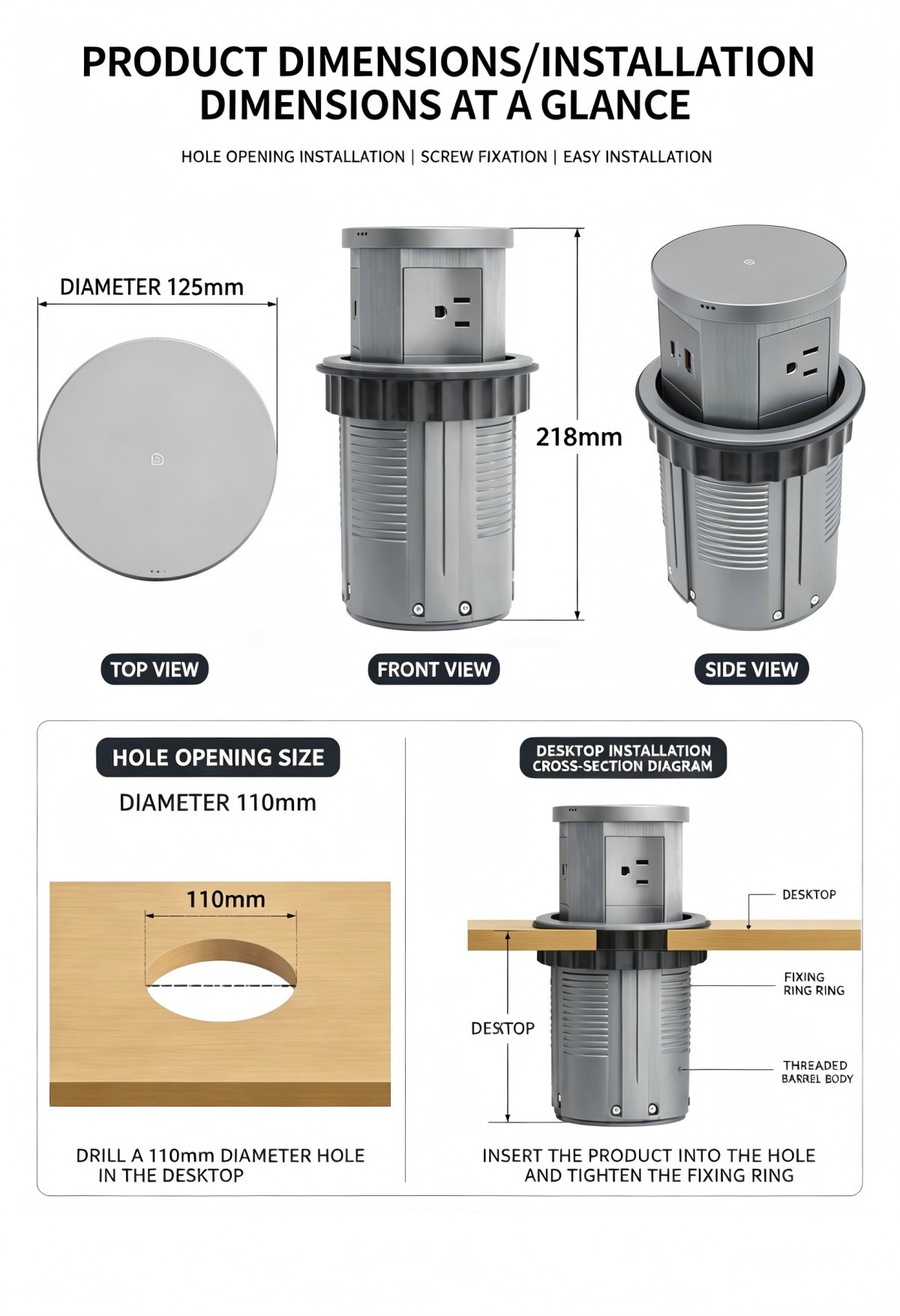 Retractable Power Socket with 3 American Outlets 20W USB Charger and 15W Wireless Charging Pad