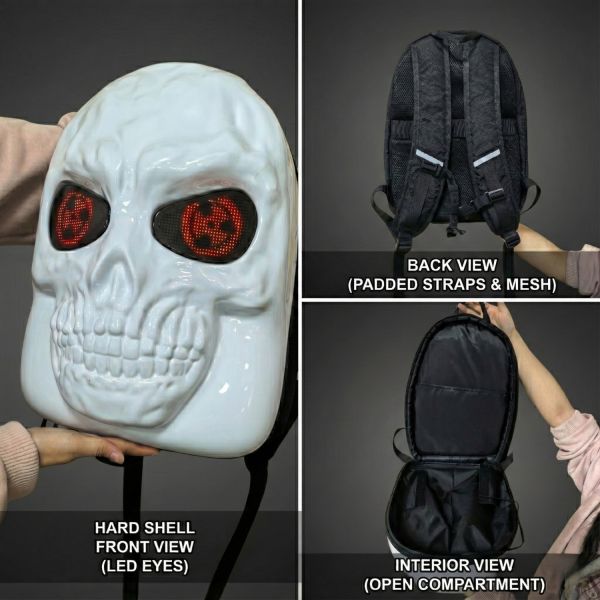 Custom LED Display Skull Backpack with Programmable RGB Eye Animations, Waterproof ABS + PC Hard Shell, and Bluetooth High-Speed Sync