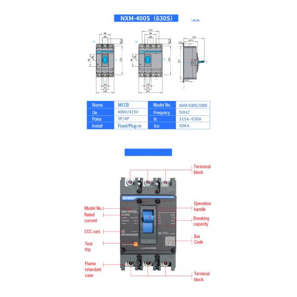 Chint NXM Molded Case Circuit Breaker 3 Pole 4 Pole NXM-63 125S 250S 400S 630S 380V 415V Icu up to 50kA