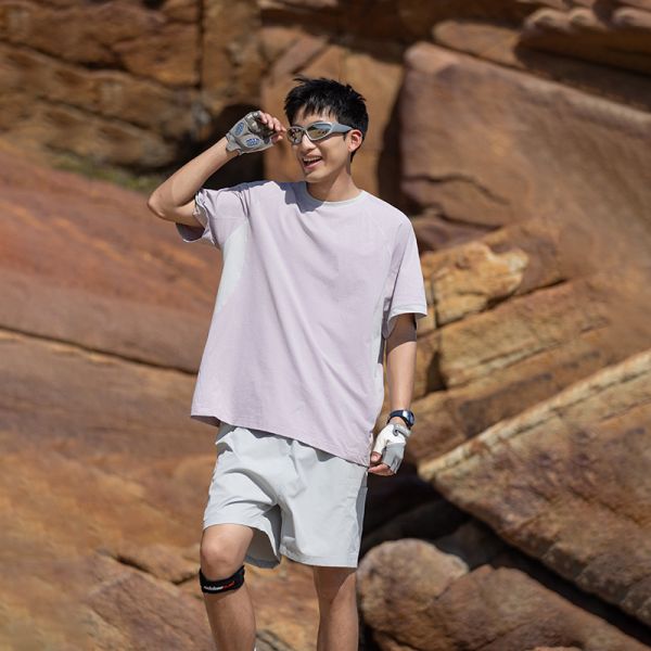 Men's Raglan Sleeve Color Block T-shirt Fine Stripe Polyester Quick Dry Antibacterial Outdoor Short Sleeve Custom OEM