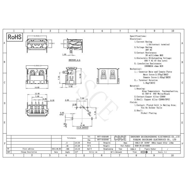Copper Alloy Shell USB 2.0 Connector , Length 10mm 4 Pin USB Female Jack