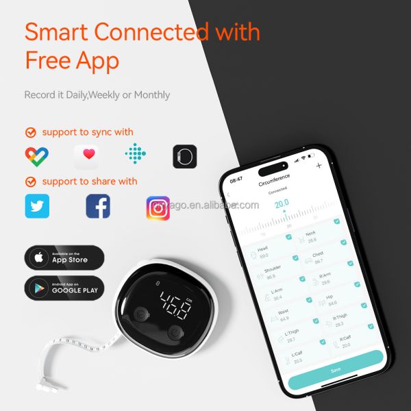 Smart Bluetooth Body Measuring Tape with ±0.2% Accuracy, Rechargeable Type-C & LED Display for Precise Measurements