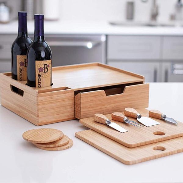 Customized Logo Acceptable Bamboo Cheese Serving Tray With Storage Drawer and Wine Set