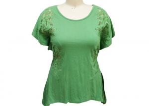 Buy cheap Ladies Short Sleeve T Shirts , Womens Green Shirt Blouse Hollow Embroidery Lace Inside product