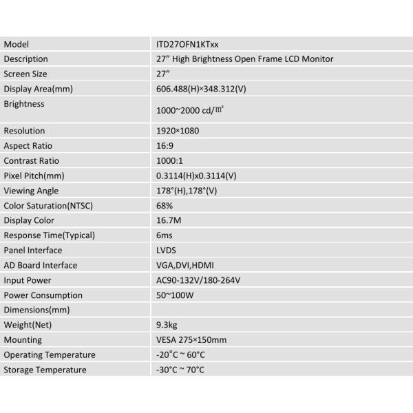 ITD 27'' Open Frame PCAP LCD Monitor High Brightness High Tni 1920×1080 Industrial Grade for outdoor application, such as outdoor totem, outdoor kiosk