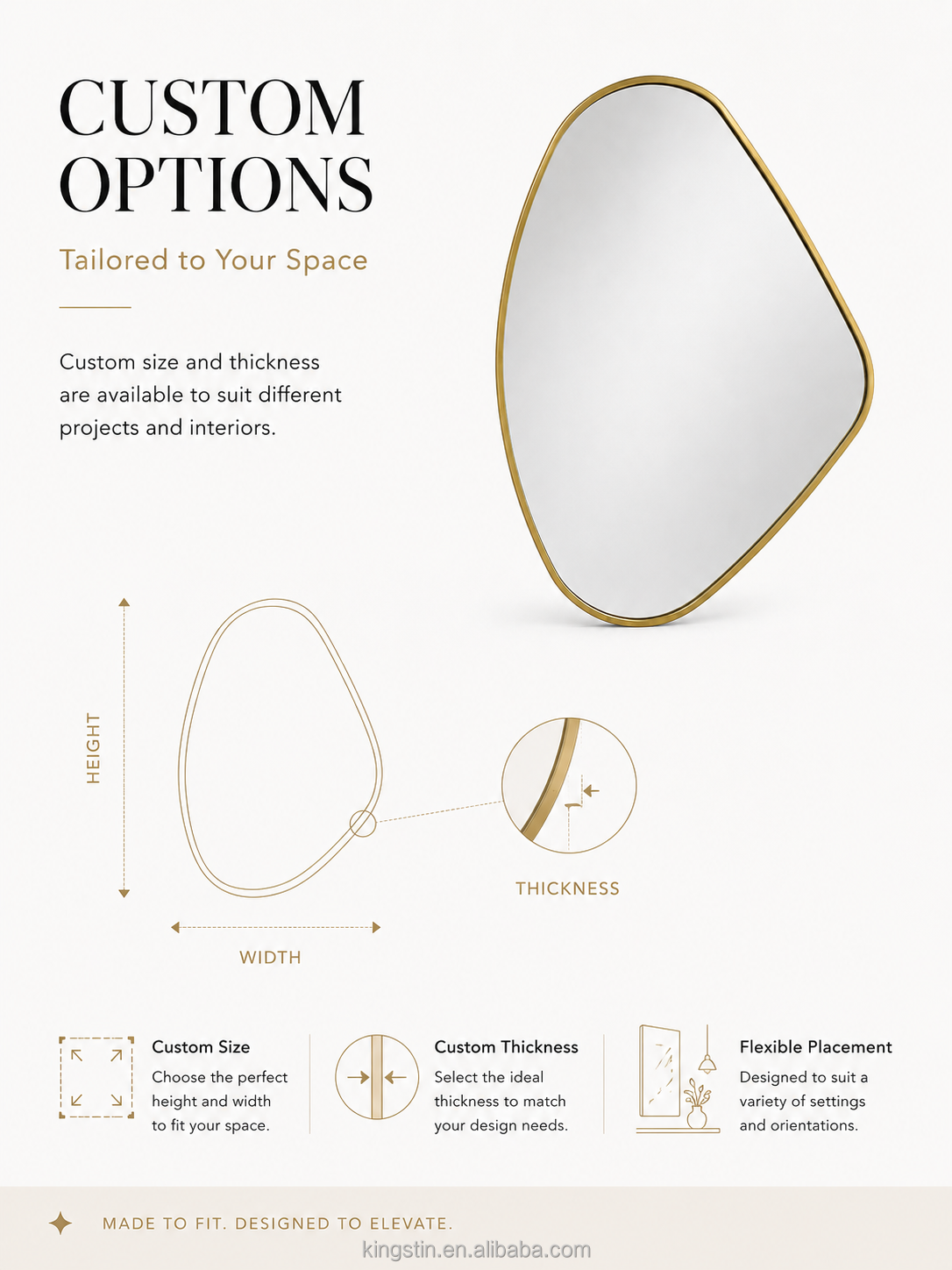 Kingstin Custom Irregular LED Bathroom Mirror, Asymmetrical Backlit Vanity Mirror, Gold Frame Pebble Wall Mirror