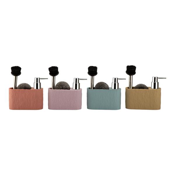 Rectangular Kitchen Cleaning Hand Soap Dispenser PP Cleaning Ball and S/S Brush with Rock Look Design