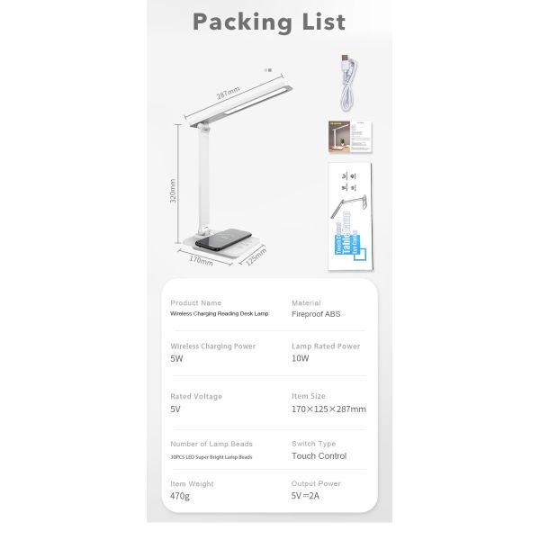 LED Desk Lamp With USB Port Fast Wireless Charger Eye Caring Dimming Table Lamp For Mobile Phones