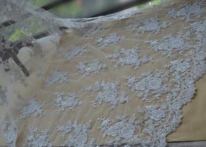 China Floral Beaded Corded Lace Fabric , Ivory Embroidered Lace Fabric With Wavy Edging on sale