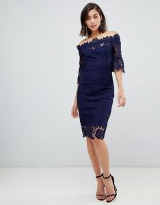 China custom make off shoulder  frill sleeve navy crochet dress on sale
