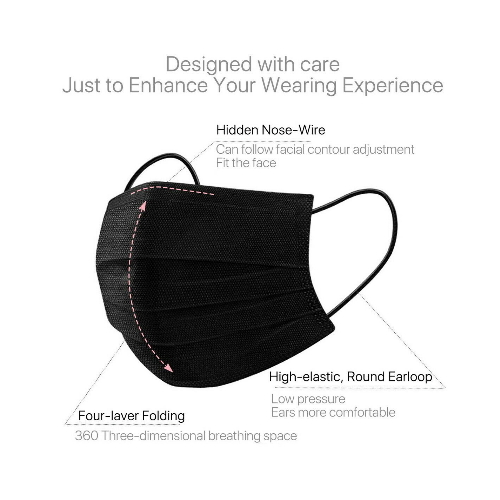 All black disposable face mask with 3 layers hood with elastic ear hook 3 layer face mask