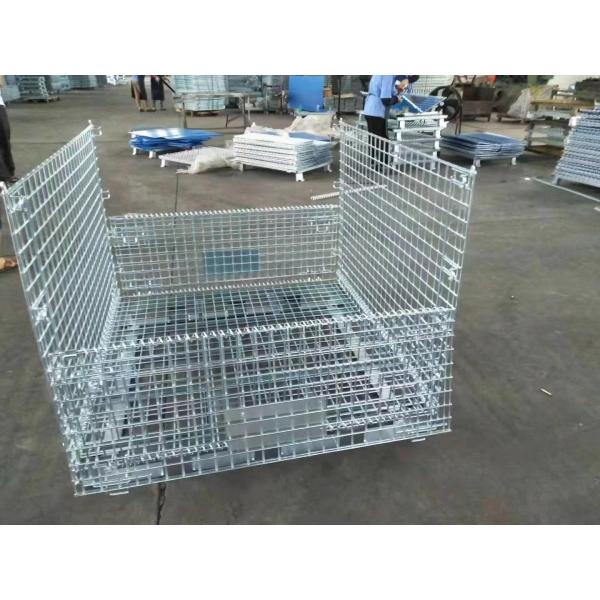 Industrial folding wire container cage in warehouse setting