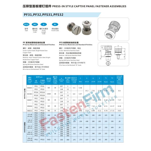 Stainless Threaded Self Clinching Standoff Spring-loaded Captive Panel Screws PF31, Etc Standards