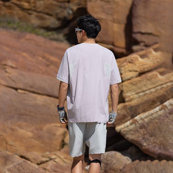 Men's Raglan Sleeve Color Block T-shirt Fine Stripe Polyester Quick Dry Antibacterial Outdoor Short Sleeve Custom OEM