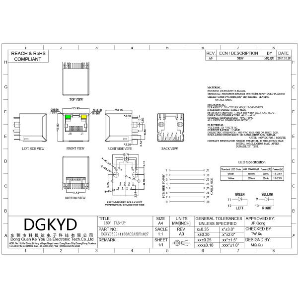 180 Degree 8P8C RJ45 Connector with LED Green/Yellow for PCB Mount