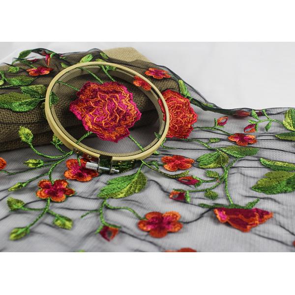 Bridal 3D Floral Embroidered Mesh Fabric , Red Flower Bridal Embroidered Net Fabric