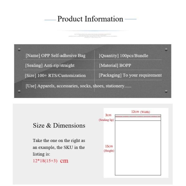 Width 6cm 12 Lengths Transparent Cellophane Clear Polybag OPP Plastic Self Adhesive BOPP Bag Small MOP Accept Custom Printing