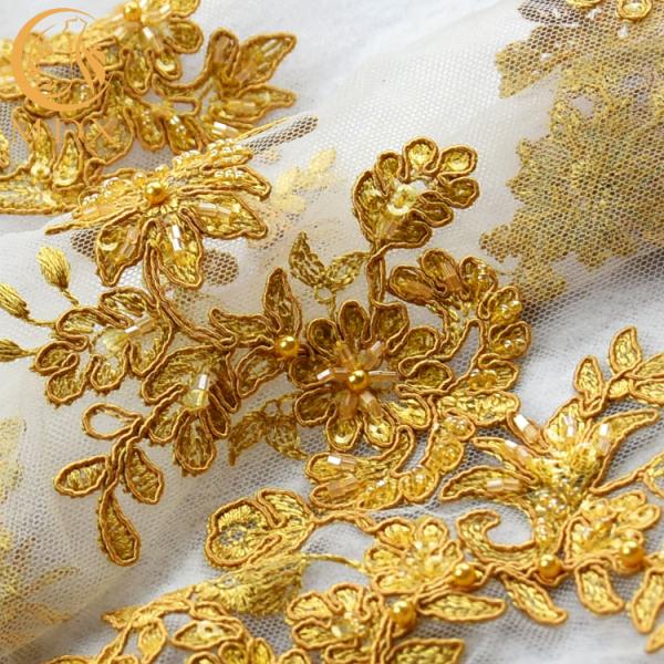 MDX Golden Sequin Net Embroidery Lace 135cm Width For Textile